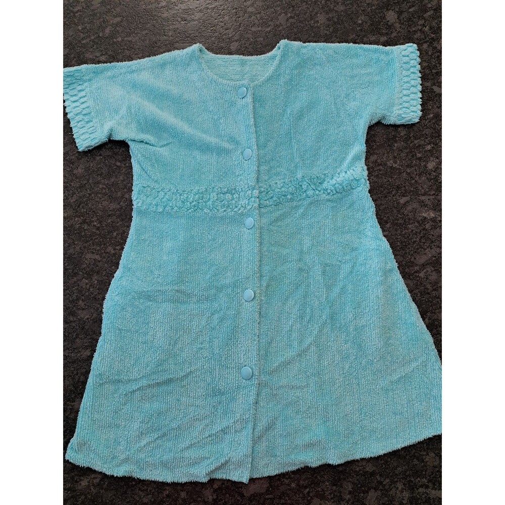 VTG Stan Herman Turquoise Chenille Short Robe House Dress Sz M Button Front